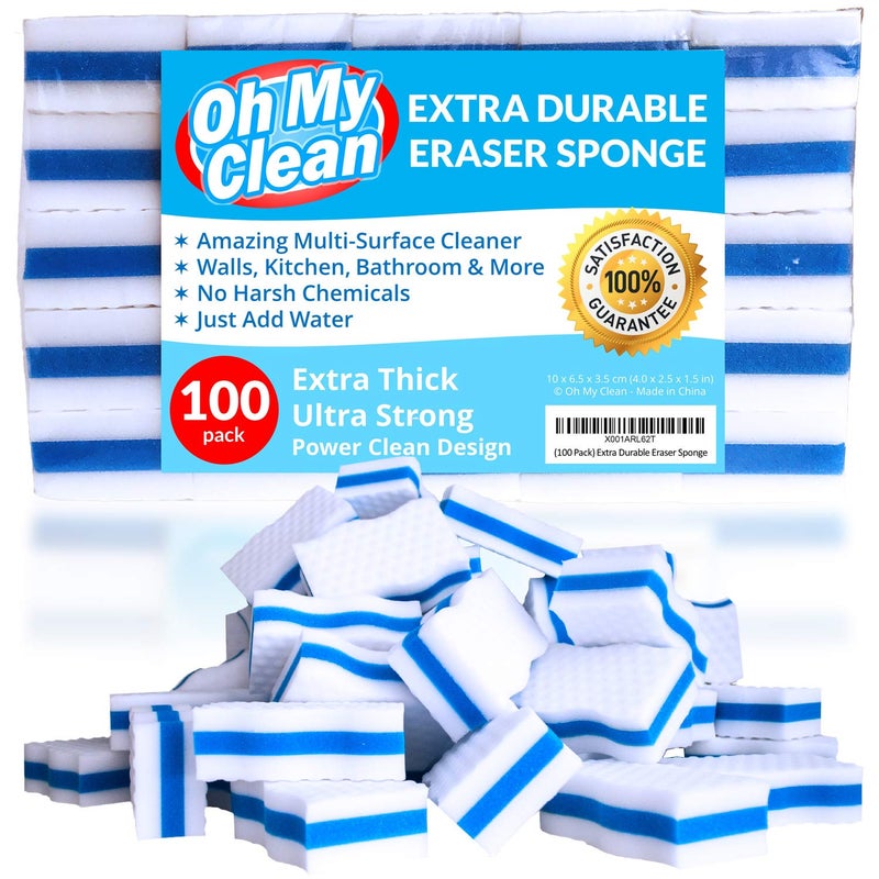 Oh My Clean (100 Pack) Extra Durable Eraser Sponge - Extra Thick, Long Lasting, Premium Melamine Sponges in Bulk - Multi-Purpose Power Scrubber - Bathroom, Kitchen, Floor, Bathtub, Toilet, Baseboard, Wall Cleaner - Image 1